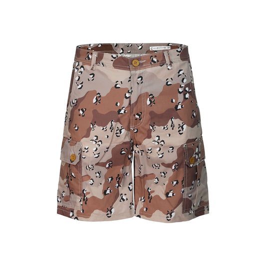 Bermuda cargo camuflada de silueta amplia, estilo streetwear premium, Colección Sahara de Creep Brand.